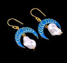 Blue Enamel and Pearl Crescent Moon Dangle Earrings for Women in Brass with 22k Gold Plating